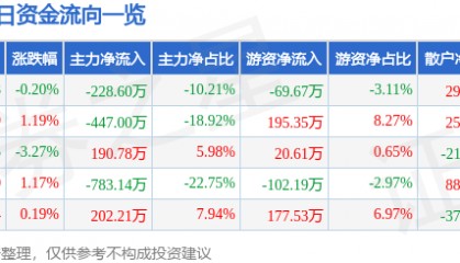 股票行情快报：奥康国际（603001）2月20日主力资金净卖出228.60万元