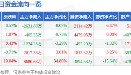 股票行情快报：万安科技（002590）3月10日主力资金净卖出2631.80万元