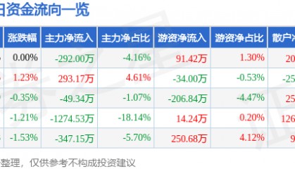 股票行情快报：深中华A（000017）2月27日主力资金净卖出292.00万元