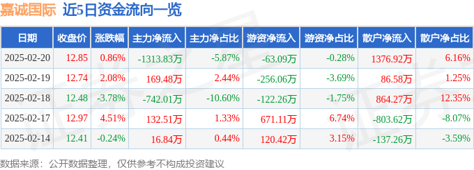 股票行情快报：嘉诚国际（603535）2月20日主力资金净卖出1313.83万元