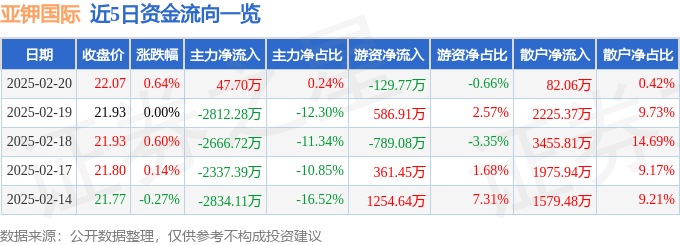 股票行情快报：亚钾国际（000893）2月20日主力资金净买入47.70万元