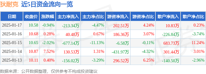 股票行情快报：狄耐克（300884）1月17日主力资金净卖出213.34万元