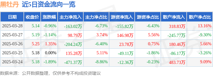 股票行情快报：黑牡丹（600510）3月28日主力资金净卖出163.02万元