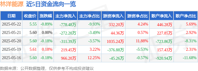 股票行情快报：林洋能源（601222）5月22日主力资金净卖出778.48万元