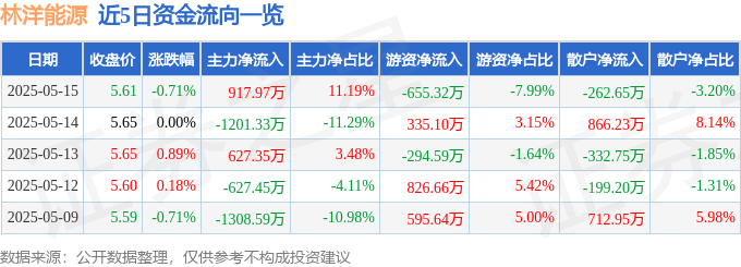股票行情快报：林洋能源（601222）5月15日主力资金净买入917.97万元