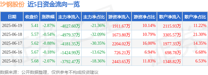 股票行情快报：沙钢股份（002075）6月19日主力资金净卖出4027.60万元