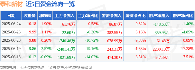 股票行情快报：泰和新材（002254）6月24日主力资金净买入61.76万元