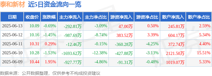 股票行情快报：泰和新材（002254）6月13日主力资金净卖出292.81万元