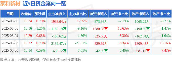 股票行情快报：泰和新材（002254）6月6日主力资金净买入1938.64万元