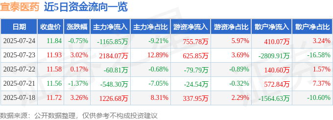 宣泰医药（688247）7月24日主力资金净卖出1165.85万元